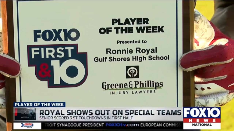 Awards Plaque saying Fox10 First & 10 Player of the Week presented to Ronnie Royal Gulf Shores High School sponsored by Greene & Phillips Injury Lawyers