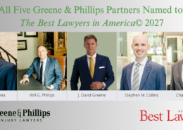 Greene & Phillips partners David Greene, Will Phillips, Britt Bethea, Stephen Collins, and Charles Barber, named to The Best Lawyers in America 2027